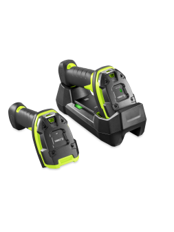 Skaner kodów kreskowych Ds3678-HP zadokowany w podstawce, widok z prawego boku