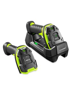 Skaner kodów kreskowych ZEBRA DS3678-SR, zadokowany w stacji STB368, widok prawy bok