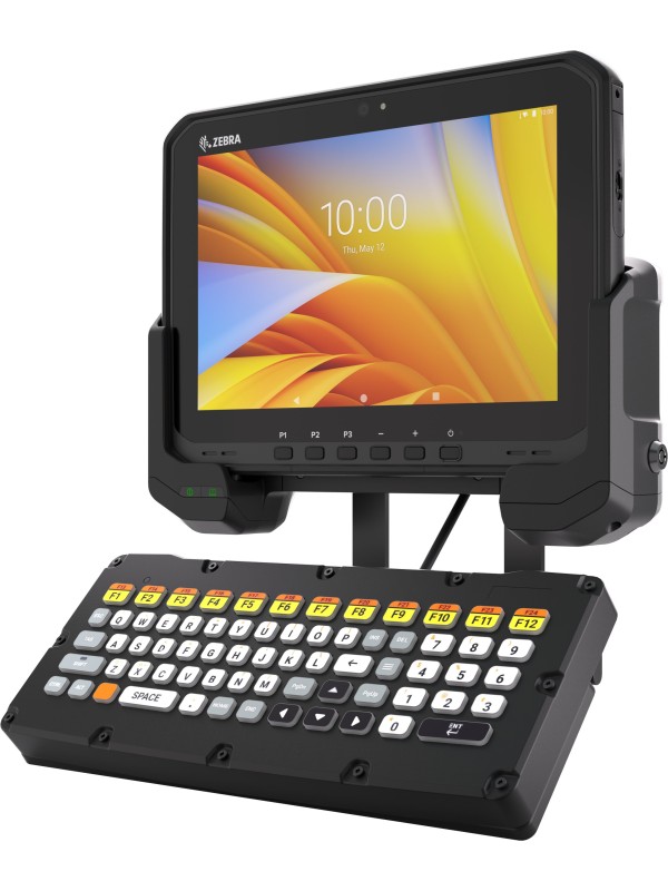 Przemysłowy tablet ZEBRA ET60 zamontowany w stacji dokującej z dodatkową klawiaturą, widok front prawy bok
