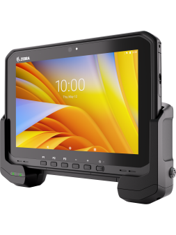 Samochodowa stacja dokująca do tabletu ZEBRA ET6X, z zamontowanym tabletem ET6X widok front, prawy bok