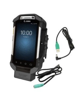 RAM MOUNT uchwyt z zatrzaskiem sprężynowym oraz ładowaniem dla terminali Zebra TC7X, z zadokowanym terminalem Zebra