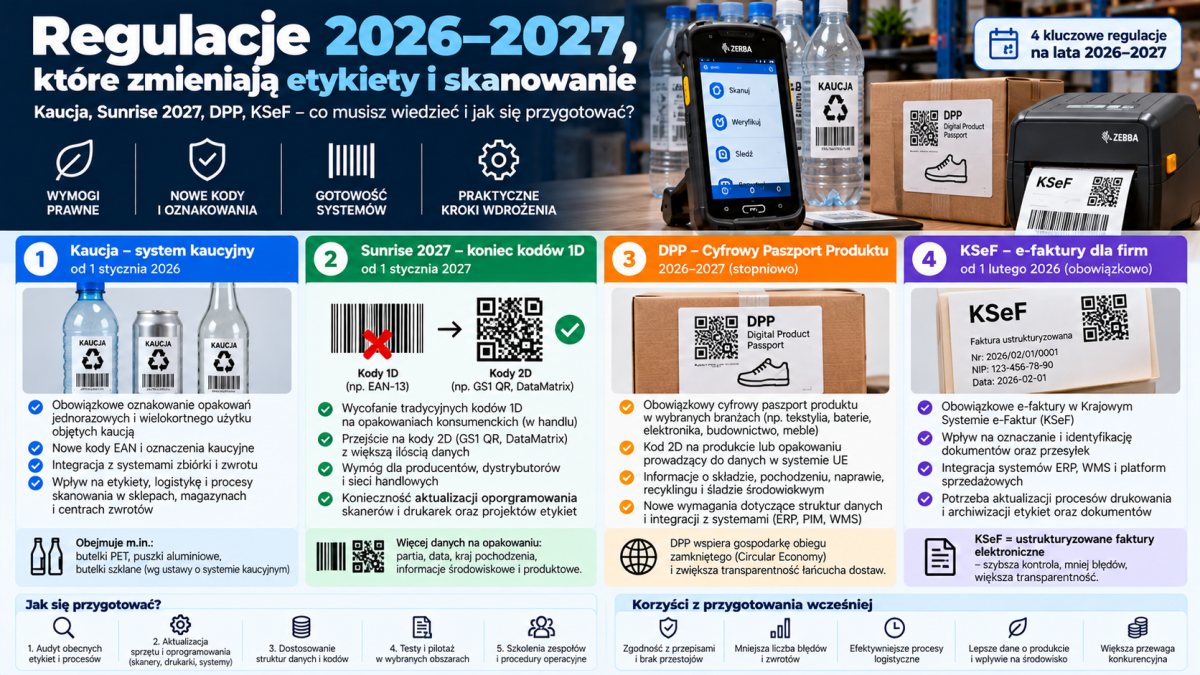 Regulacje 2026–2027, które zmieniają etykiety i skanowanie: kaucja, Sunrise 2027, DPP, KSeF